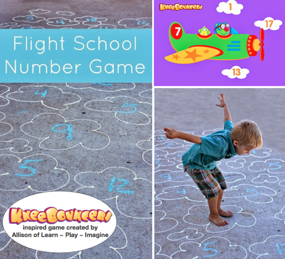 Flight School Gross Motor Number Learning Game - KneeBouncers Take KneeBouncers' Up In The Air number game app to new heights with this gross motor skill number game, developed by Allison of Learn ~ Play ~ Imagine. #KneeBouncersPlay